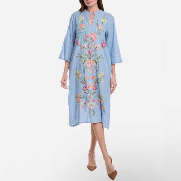 Johnny Was 100% cotton Mandarin Collar Midi Dress NEW - Picture 2 of 10